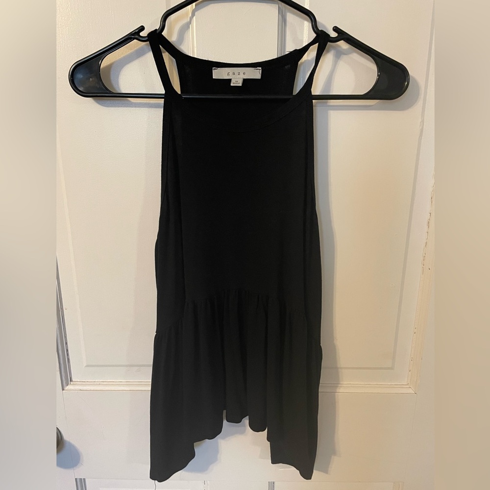 GAZE  Black High-Neck Ruffle Hem Tank Top SZ M FLOWY cute
